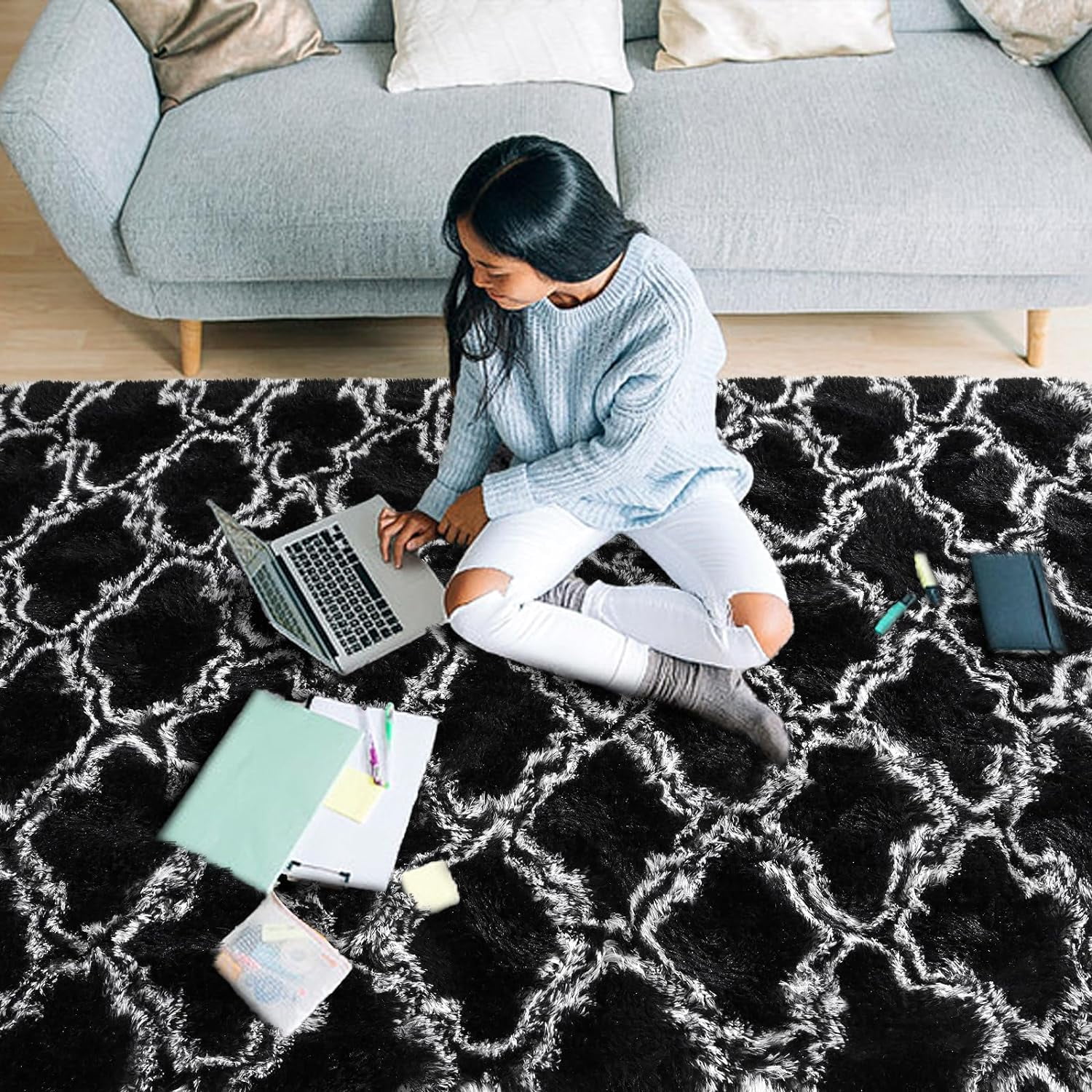 Lochas Shag Area Rug Geometric Plush Fluffy Rugs Soft Moroccan Carpet for Bedroom Living Room Floor Mat Home Decor,4x6ft,Black/White