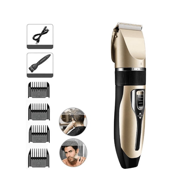Cortadora de cabello inalámbrica para hombre con cuchillas de titanio y cerámica, incluye peines guía y cable USB, ideal para adultos y niños.