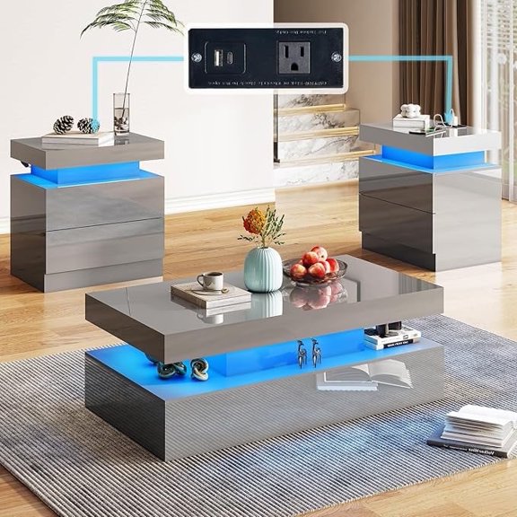 Merluxy High Gloss 3 Pieces Living Room Table Set, Modern LED Coffee Table Sets of 3, 2-tier Center Table with 2 End Side Tables, Grey