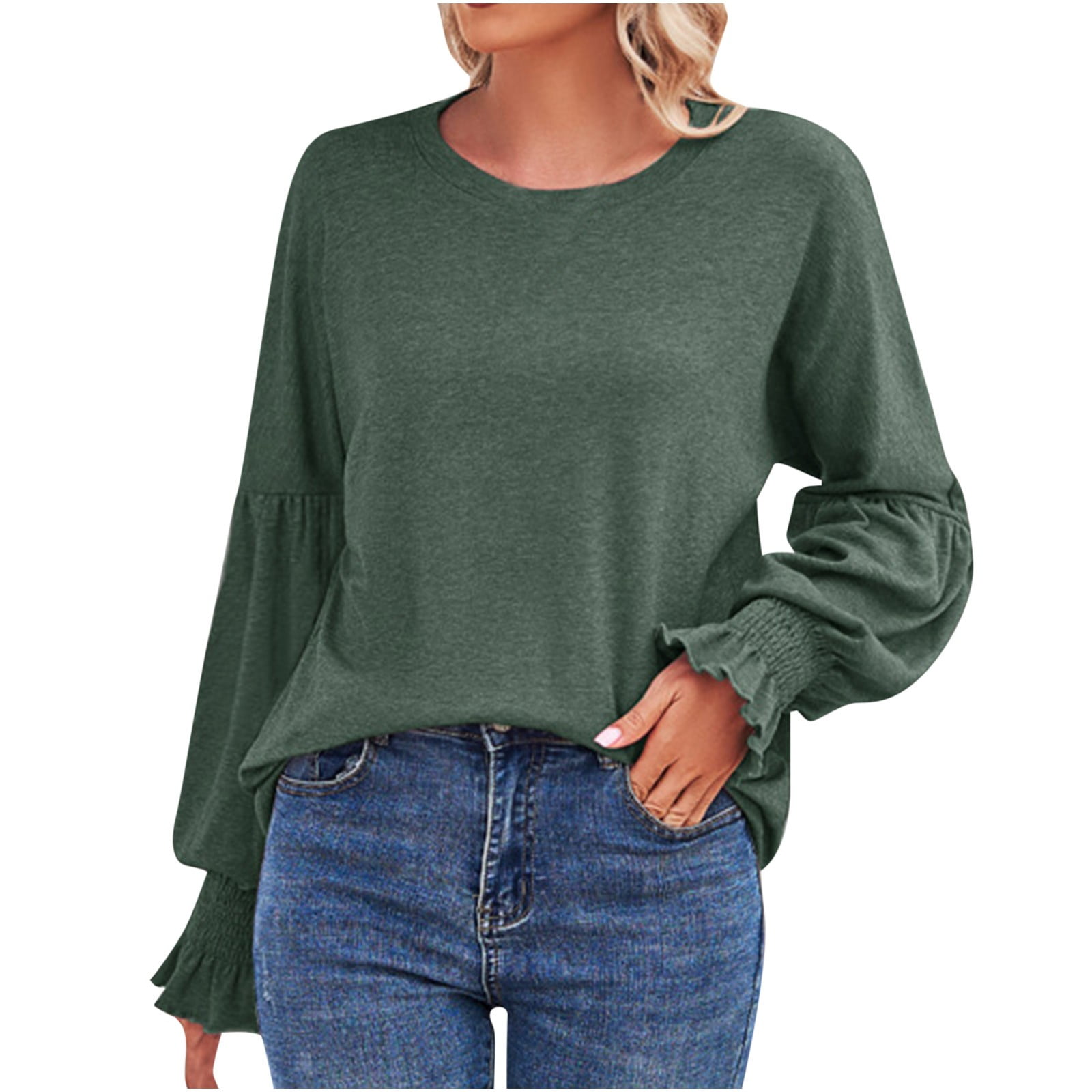 Amazon Casual Sleeve Tops Color Crew Youmylove Womens Long Sleeve