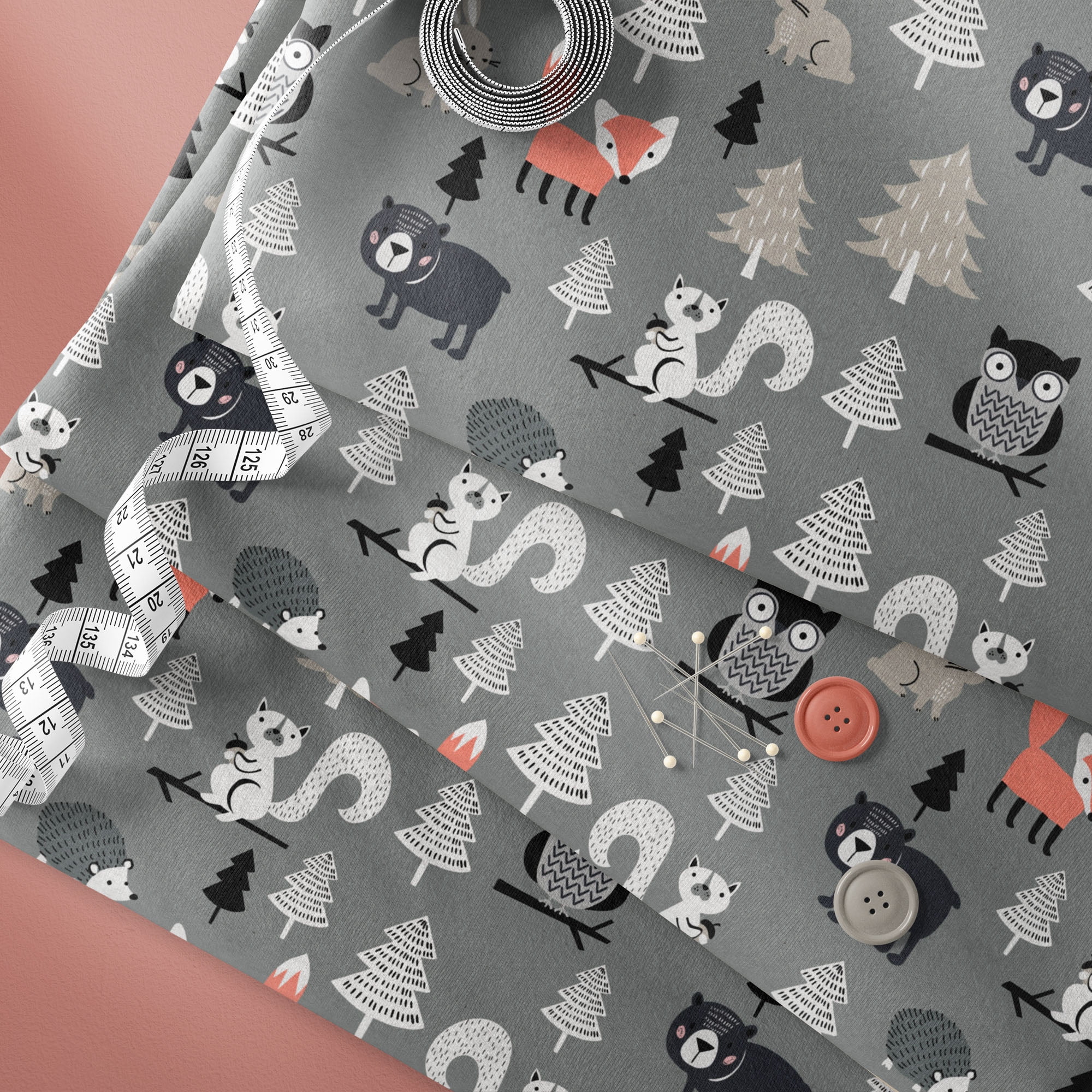 Mainstays 42" Light-weight Flannel Fabric Gray Forest Friends by the Yard, Gray