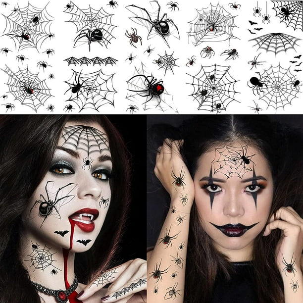 10 hojas grandes 3D telara?a tatuajes temporales Halloween maquillaje kit para mujeres adultos realista bruja murciélago zombi falso cara tatuajes pegatina para ni?os adultos miedo Halloween calcomanías telara?a ShuxiuWang 8390606612830