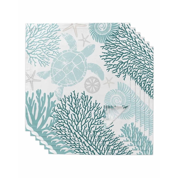 nqOlkjepod Teal Green Coastal Turtle Cloth Napkins Set of 6 Reusable Dinner Napkins, Ocean Coral Nautical Cocktail Napkin Washable Table Napkins for Wedding/Holiday Party/Baby Shower 20"x20"