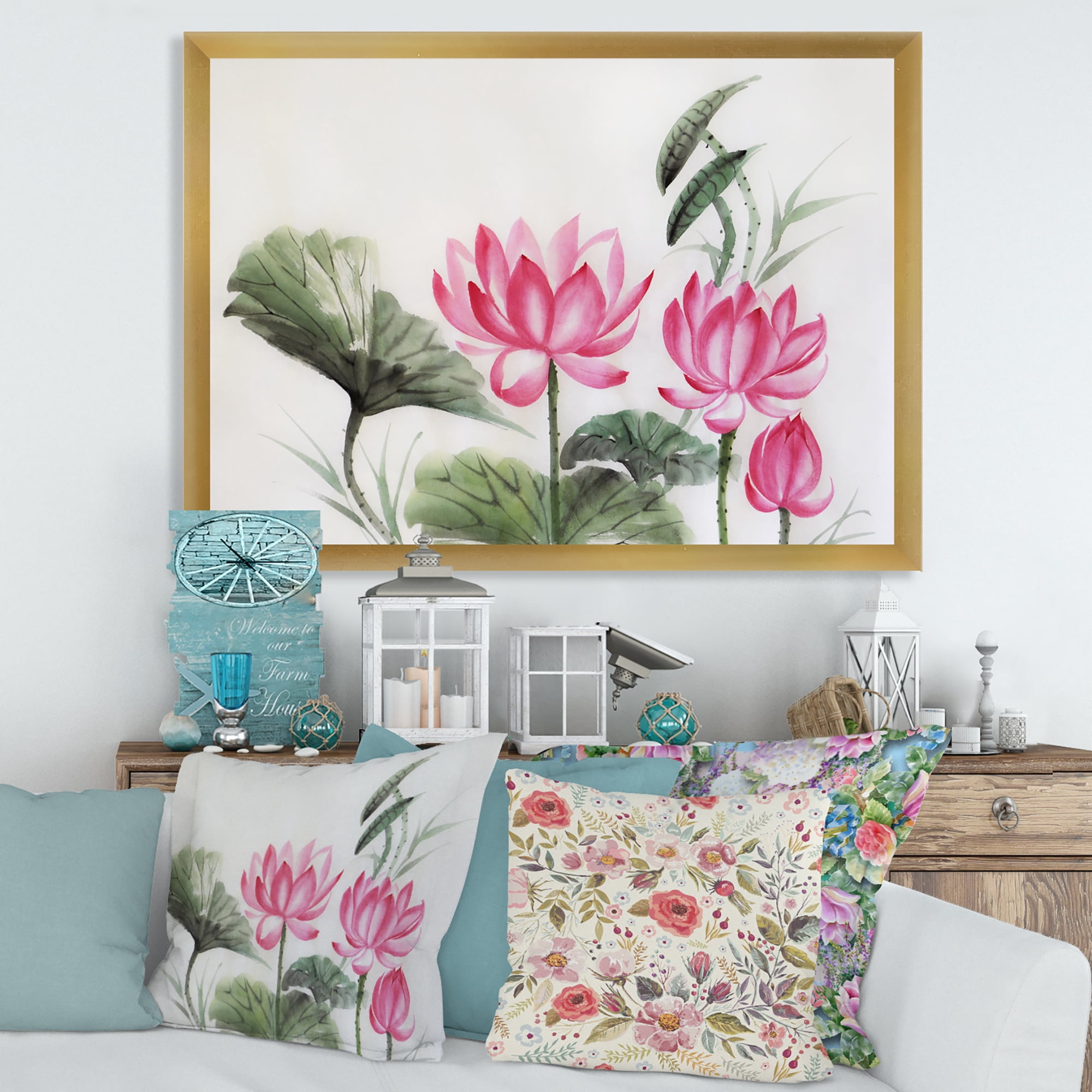 Designart 'Ancient Pink Lotuses In The Pond I' Traditional Framed Art Print