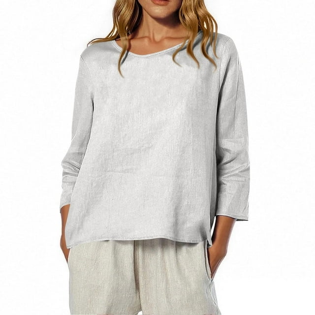 ManxiVoo Blouse à Coupe Décontractée pour Femmes à Manches 3 4 Col Rond Haut Léger Imprimé pour Tous les Jours Taille g Blanc