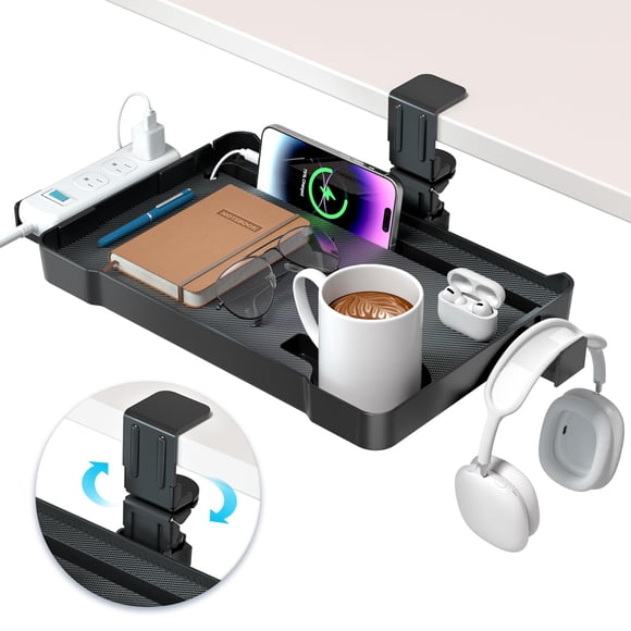 KDD Under Desk Organizer - 360° Rotating Clamp-On Tray with Headphone Hook, Phone&Tablet Holder, Cup Holder, and Cable Management - No Drilling De
