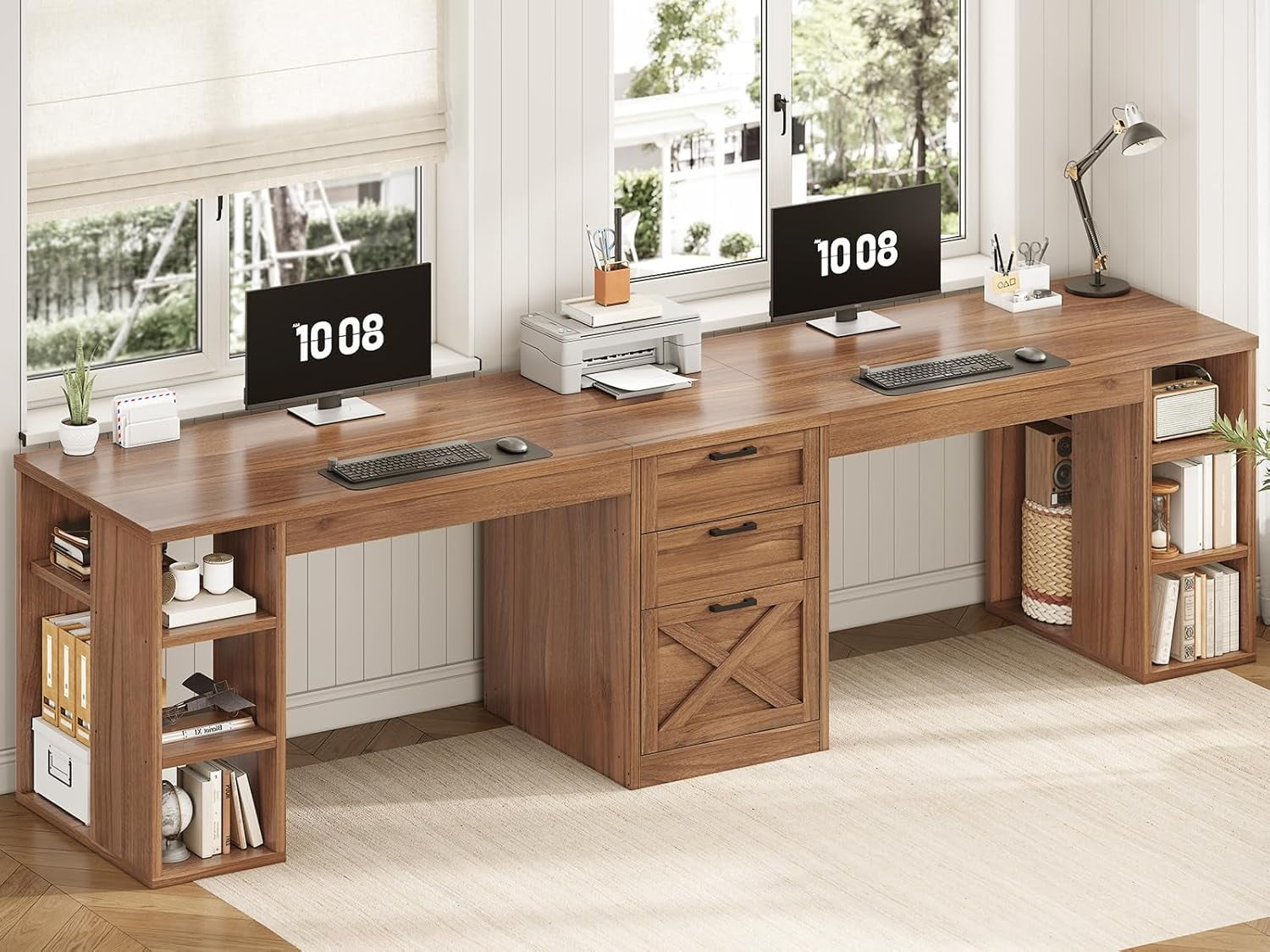 SEDETA Farmhouse 96.5" Computer Desk with Drawers, 2 Person Home Office Desk, Gaming Double Desk with Storage Shelves, Long Two Person Writing Desk, Brown