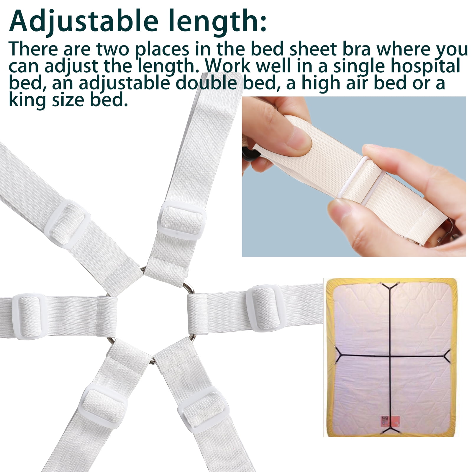 GOODTY 6 Sides Bed Sheet Clips,Sheet Fasteners Adjustable Elastic Sheet  Straps Sheet Holder for Round/Square,King/Queen Any Size Bed Sheet (White)