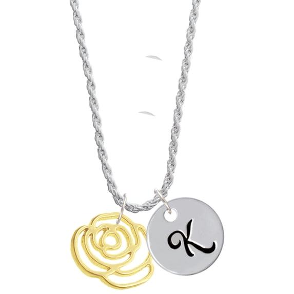 Delight Jewelry Goldtone Large Rose Outline Silvertone Script Initial Disc - K - Charm Necklace, 20"+3"