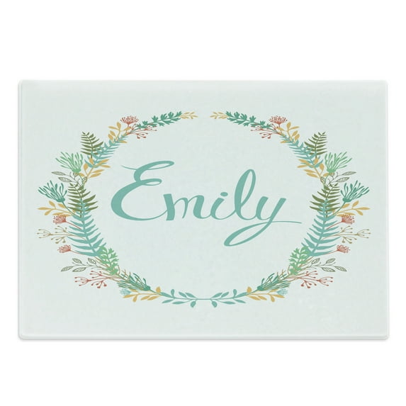 Emily Cutting Board, Composition of Popular English Girl Name with Vintage Design Inspirations Leaves, Decorative Tempered Glass Cutting and Serving Board, Large Size, Multicolor, by Ambesonne