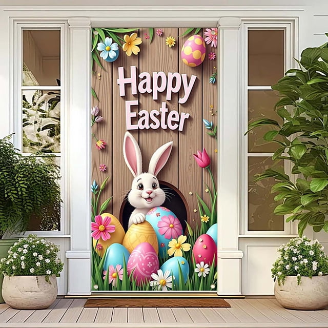 CaiYueKe Easter Door Hanger Curtain Spring Holiday Decorations Bunny Egg Party Background Banner Wall Tapestry Home Porch Outdoor Indoor Festive Supplies
