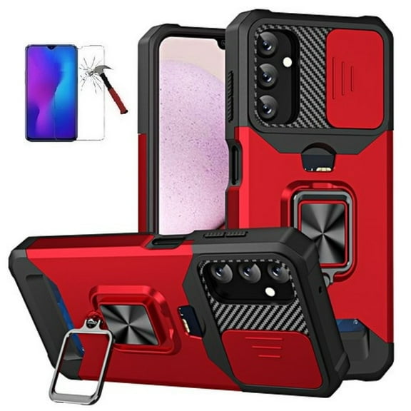 Phone Case for Samsung Galaxy A14 5G,  Ring Stand Hybrid Case Cover   Tempered Glass (Red)