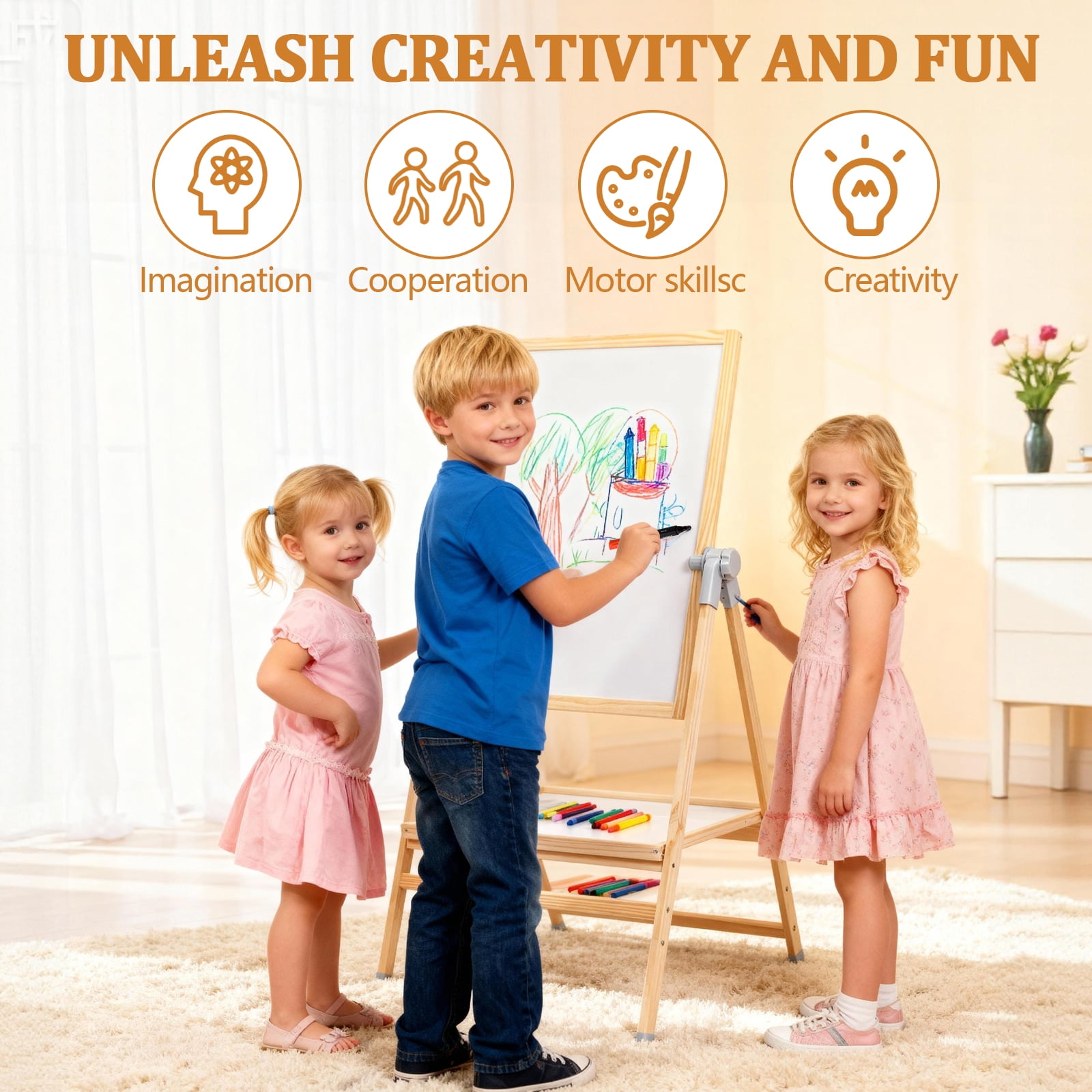 EVGTTI Art Easel for Kids, Adjustable Double-Sided Magnetic Easel, Wooden Kids Art Easel with Shelf, Safe Learning Toy for Boy & Girls