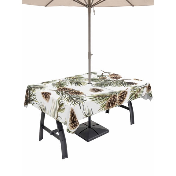 Outdoor Tablecloth with Umbrella Hole and Zipper, Sage Green Christmas Rectangle Table Cloth 60x120 Inch Waterproof Tablecloth, Pine Cones Xmas Botanical Picnic Table Cover for Patio Camping