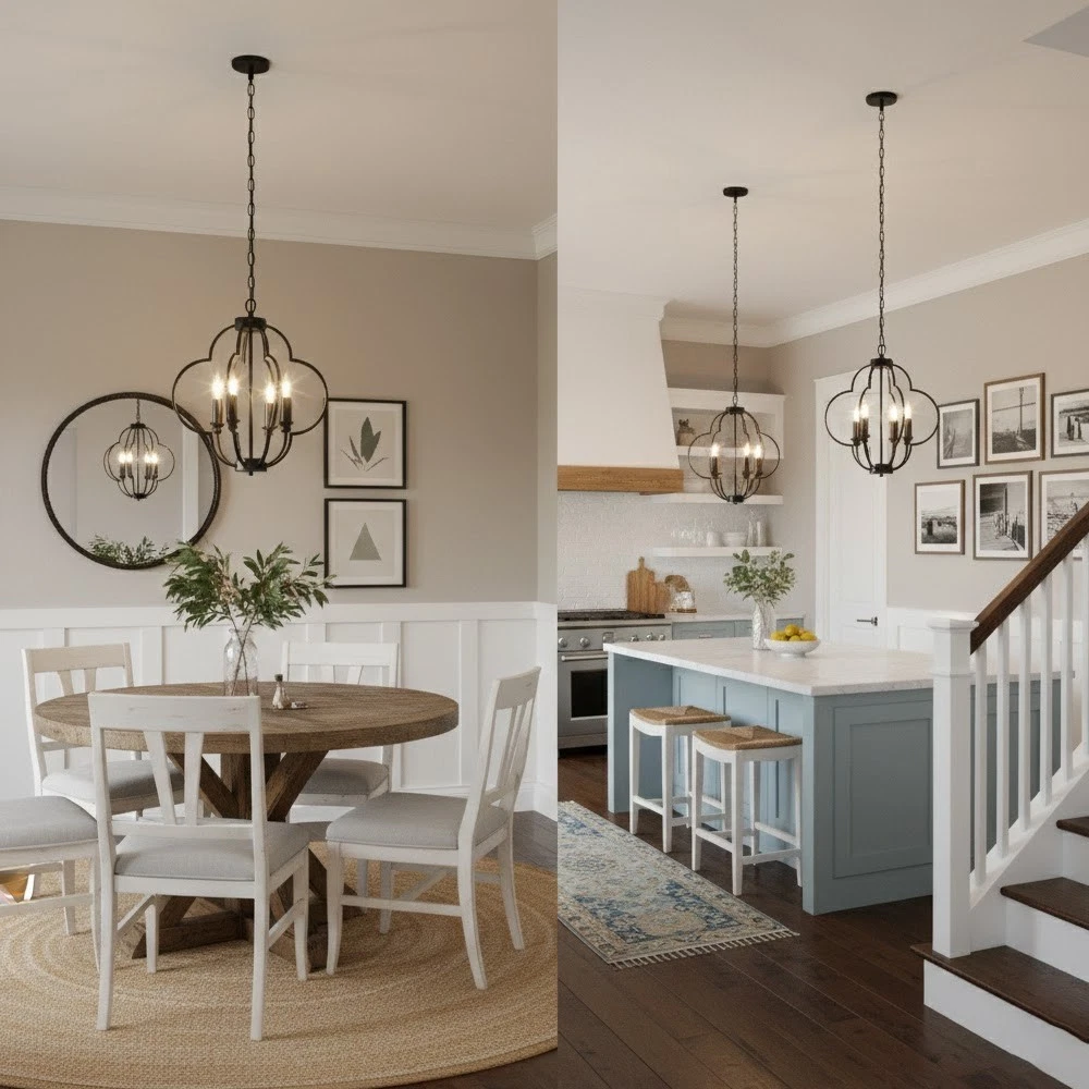 4-Light Black Foyer Chandelier Lantern, Farmhouse Pendant Light Fixtures for Dining Room,Living Room,Kitchen Island