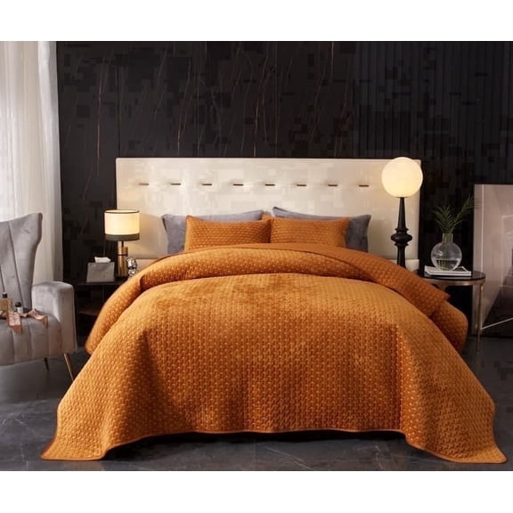 Say Yes Bedding Zera Orange Velvet Quilt Set, 3-Piece King Size Lightweight Bedding Set, Soft Velvet Coverlet Bedspread with Pillow Shams