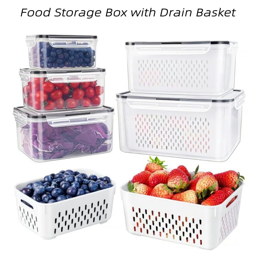 4 in 1 Food Storage Container,Fruit Storage Containers for Fridge,Produce Storage Containers with Lid and Strainer,Including Drain Basket,Multipurpose Large Fruit Containers for Fridge.