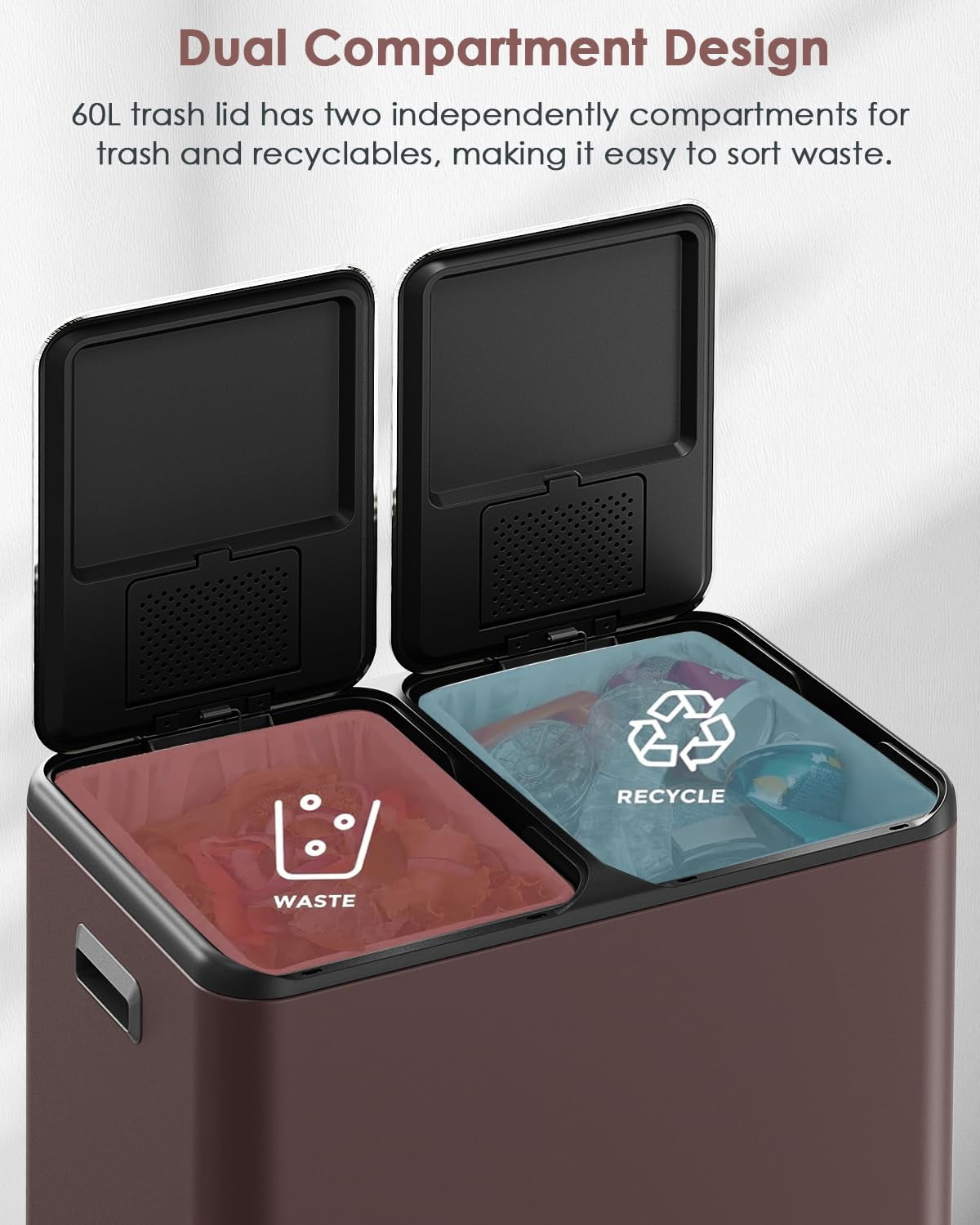 LAZY BUDDY 16 Gallon Kitchen Trash Can with Dual Compartments, Stainless Steel Recycling Garbage Bin with Inner Buckets, 2 Built-in Box for Odor Control