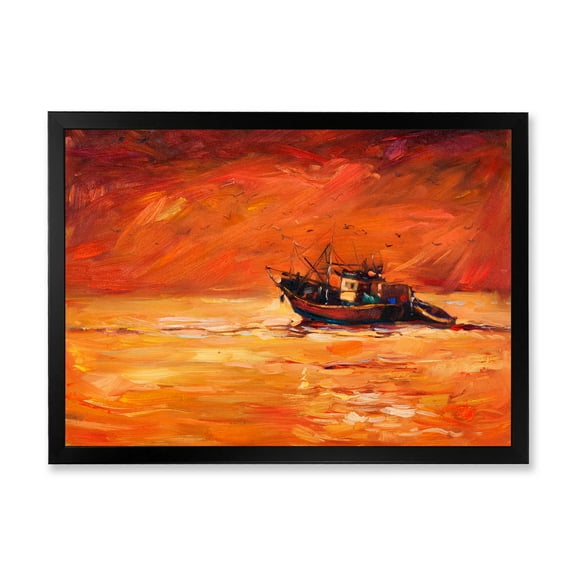 Fishing Boat During Red Evening Glow 40 in x 30 in Framed Painting Canvas Art Print, by Designart
