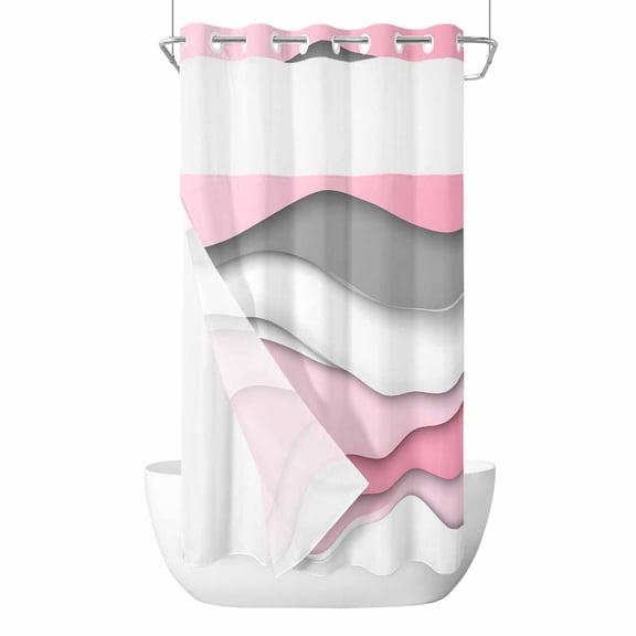 No Hook Shower Curtain, Pink Gray Ombre Small Shower Curtains with Snap in Liner, Geometric Modern Abstract Moire Art Waterproof Washable Fabric Bathroom Curtain Sets, 36"W x 72"L