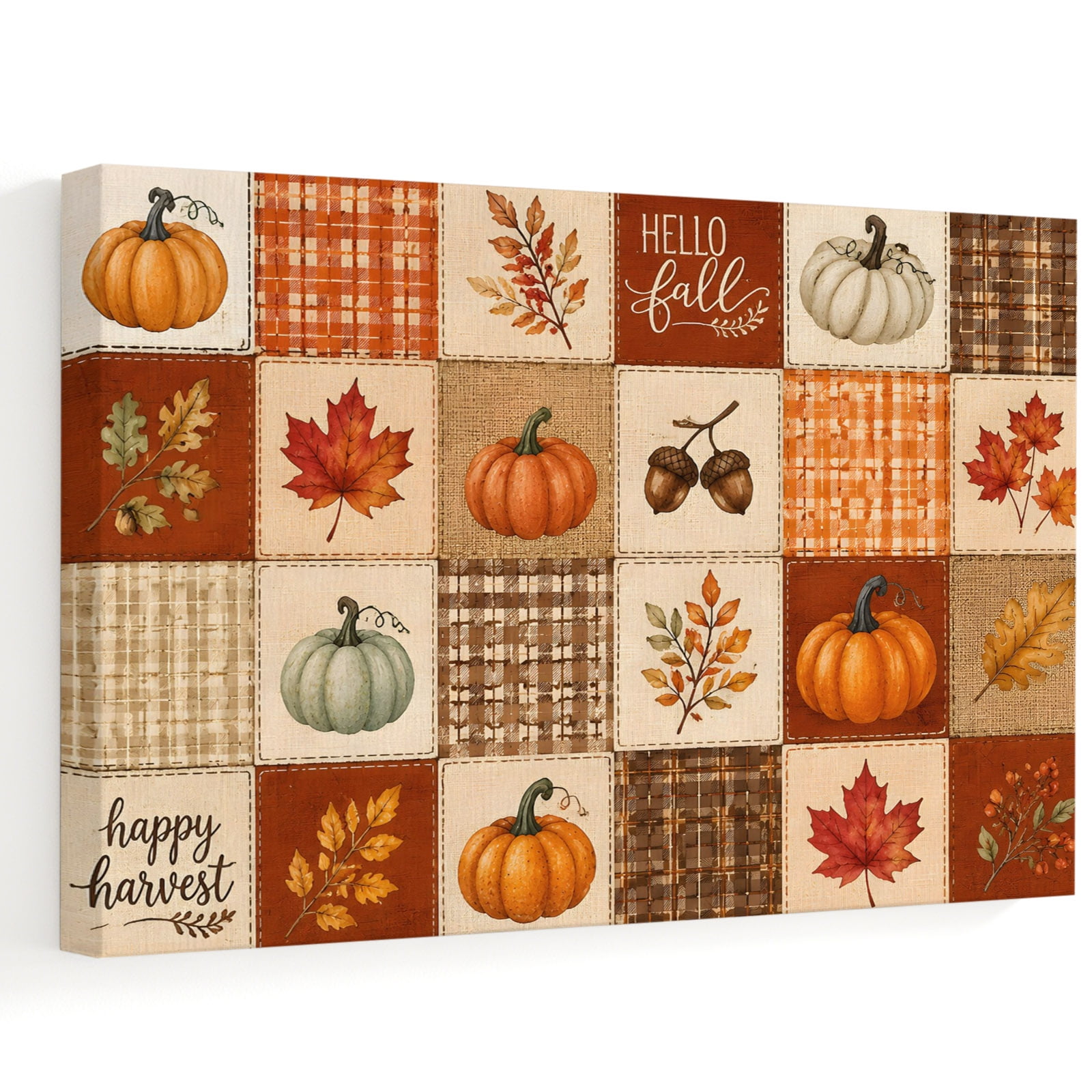 Thanksgiving Fall Canvas Wall Art Orange White Green Pumpkin Leaf Patchwork Plaid Wall Art Prints Artwork Framed Canvas Ready to Hang Art Pictures for Living Dining Room Bedroom Hallway 30 x 20