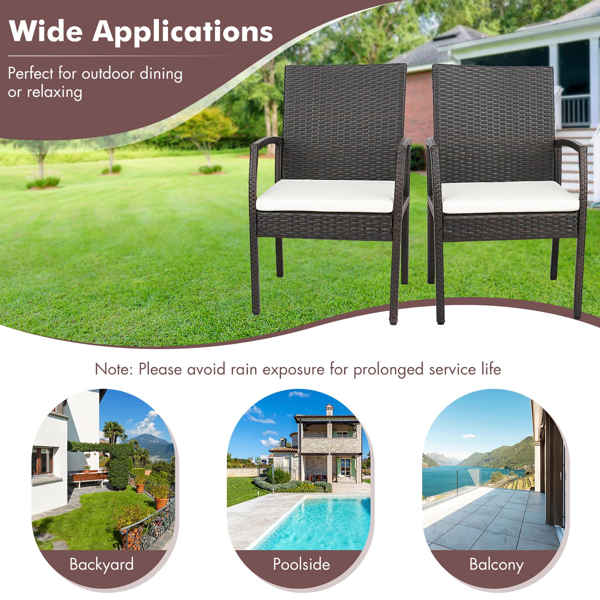Gymax 2PCS Patio PE Rattan Wicker Dining Armchairs Outdoor Chair w/ Removable Cushion