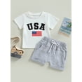 thumbnail image 2 of Bagilaanoe 4th of July Clothes for Toddler Baby Boys Girls Short Sleeve Letter Print T-shirt Tops + Shorts6M 12M 18M 24M 3T Kids Independence Day Outfits 3pcs Short Pants Set, 2 of 8