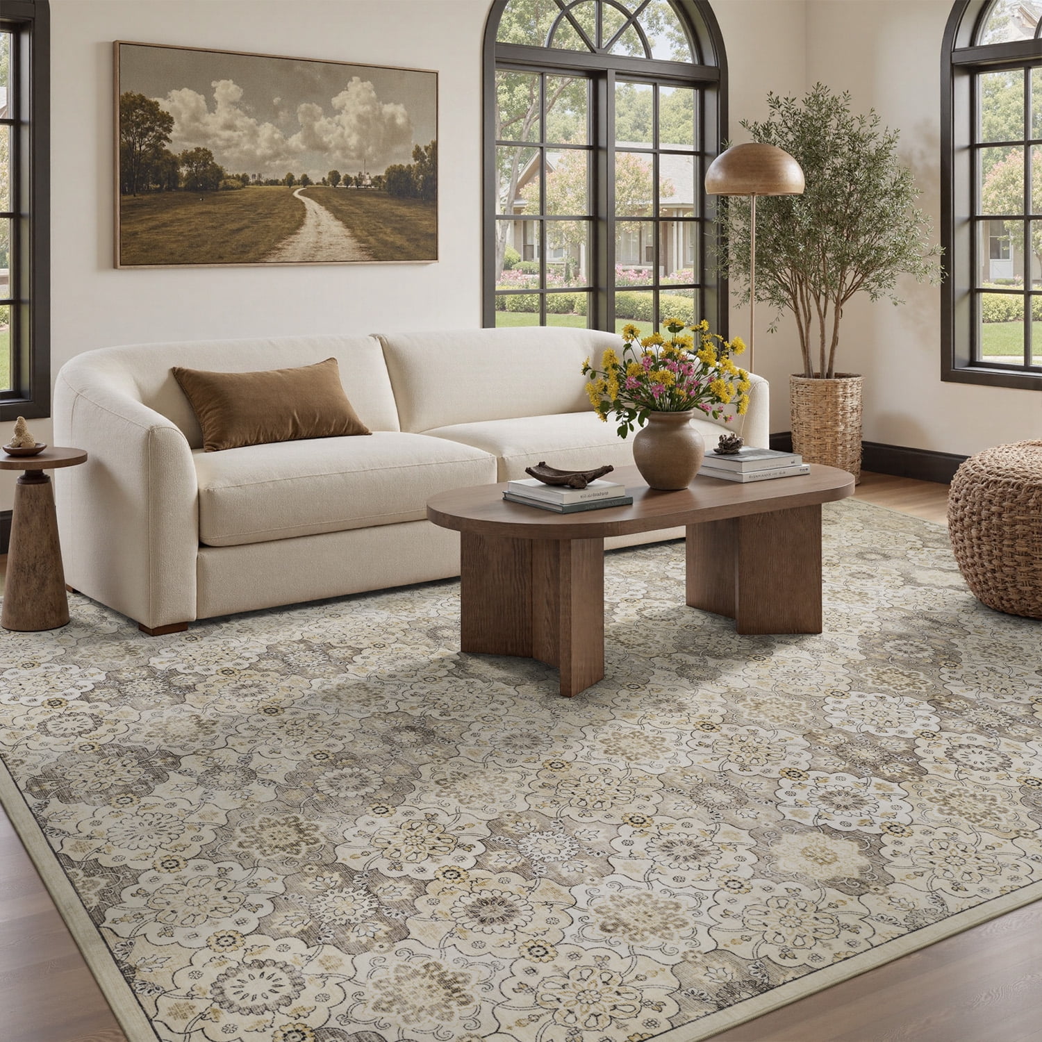 SIXHOME 9'x12' Area Rugs for Living Room Washable Vintage Floral Rugs Artistic Carpet Neutral Soft Rugs for Bedroom Dinning Room Office Home Decor Beige