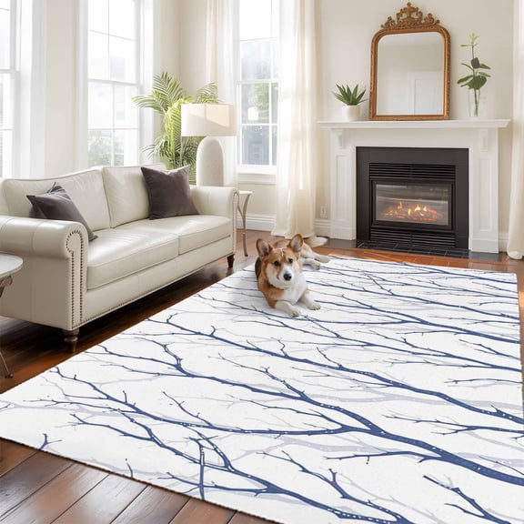 Blue Navy Branches Area Rugs 5x7 ft Abstracts Plant Silhouettes Modern Washable Rug Non Slip Indoor Carpet Absorbent Floor Mat for Living Room Bedroom Dining Room