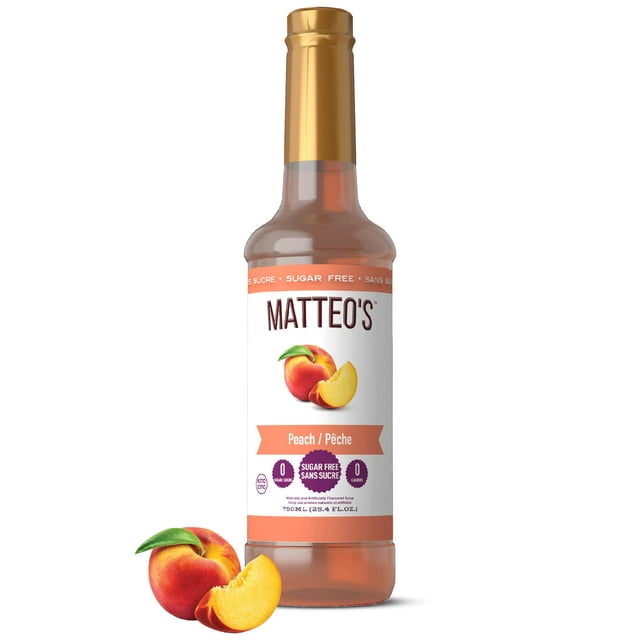Matteo's Sugar Free Fruit Syrup, Peach, 750mL, 0 Calories, 0 Sugar, (Single Bottle)