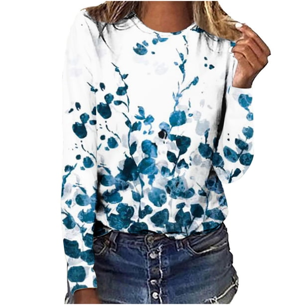 Blusa de camiseta estampada de manga larga con cuello redondo informal a la moda para mujer Pompotops FGAJ3378