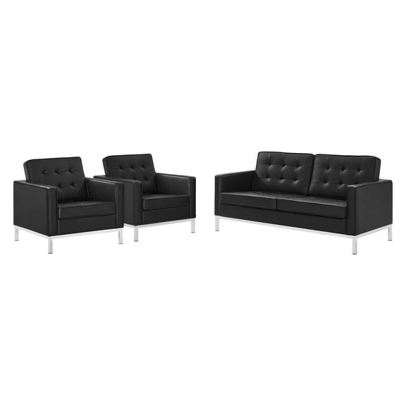 Tufted Armchair and Loveseat Sofa Set, Faux Leather, Silver Black, Modern Contemporary Urban Design, Living Lounge Room Hotel Lobby Hospitality