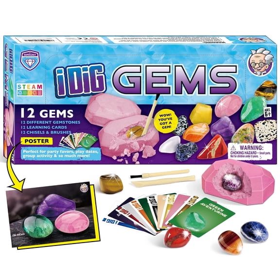 Eduman Gemstone Dig Kit, Dig up 12 Real Gems, Mineral & Rock Collection and Crystals Excavation Kit, STEM Toys Science Educational Birthday Gifts for Age 6 Boys & Girls