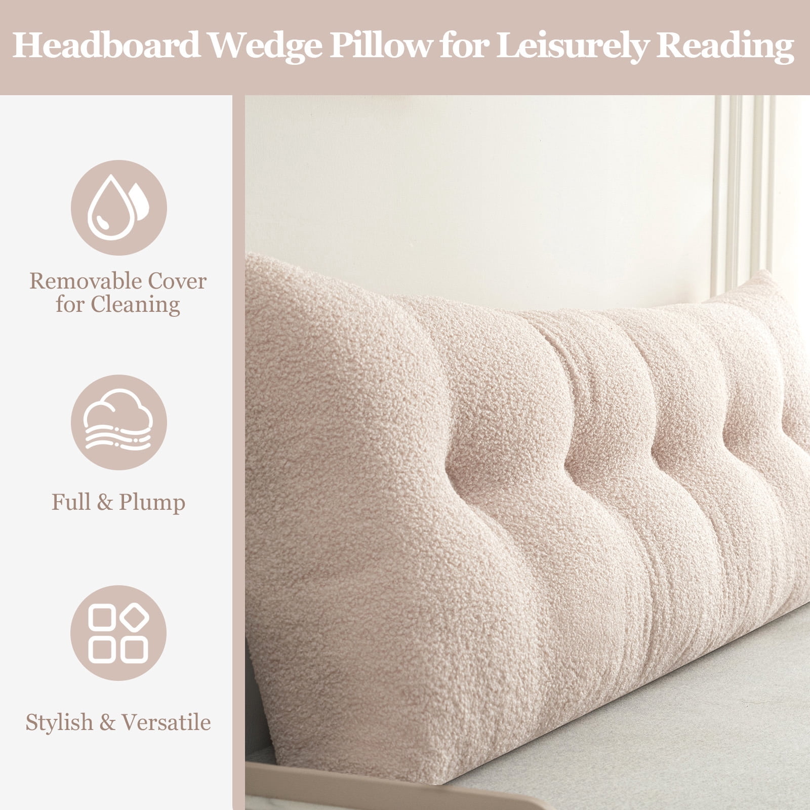 ANMINY Headboard Pillow, Teddy Velvet Fabric, Bed Rest Reading Pillow, Removable & Washable Cover, Daybed Wedge Pillow for Twin Beds