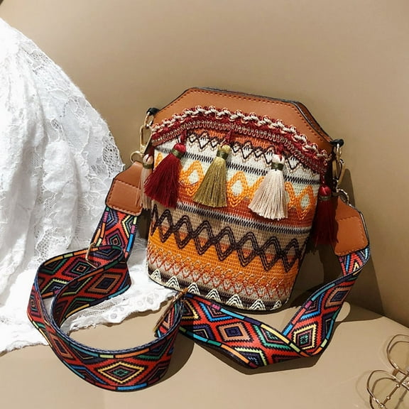 COSMOBETTY 1Pack Bohemia Shoulder Bag Light Brown Polyester Pu Zippered Storage Bucket Style for Woman 20*20*9cm