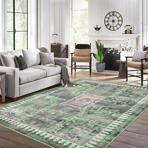 GlowSol 8' x 10' Area Rug Vintage Washable Rugs for Living Room Floral Rug Geometric Rug Non-Slip Non-Shedding Rug, Green