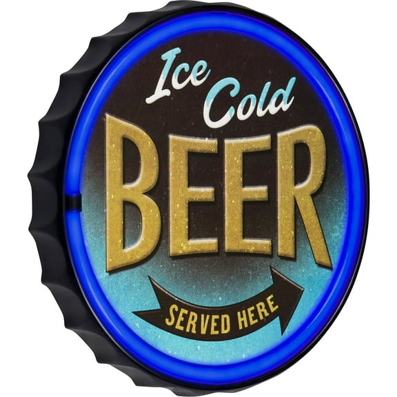 Ice Cold Beer LED Neon Bottle Cap Sign Vintage Inspired Retro Wall Decor for the Home, Game Room, Bar, or Man Cave (12”)