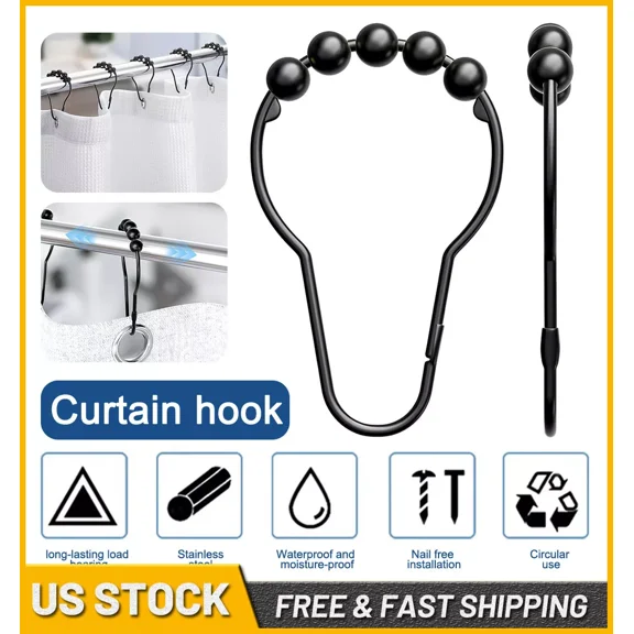 12Pcs Stainless Steel Shower Curtain Rings Metal Glide Shower Curtain Hooks Us.