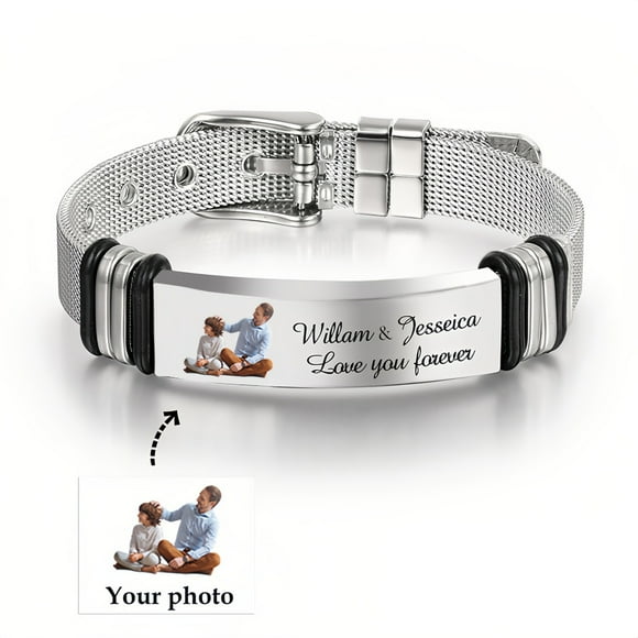 Personalized Stainless Steel Watchband Design Bracelet - Customizable with Photo, Names and Text - Perfect Gifts for Men Women and Couples.