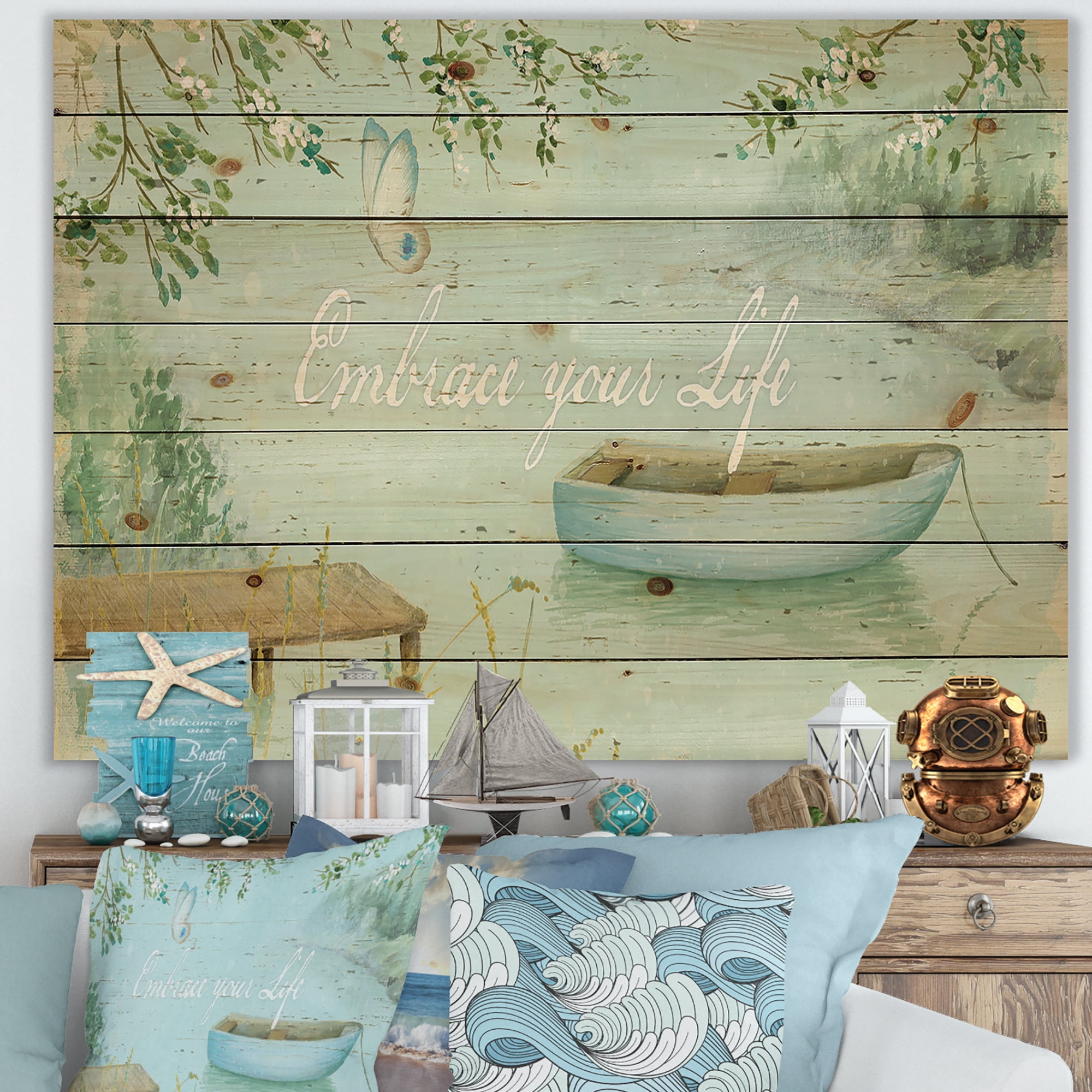 Designart 'Lake House Canoes IV' Lake House Print on Natural Pine Wood