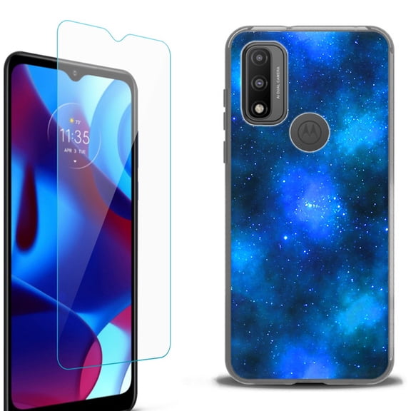 Slim-Fit Protective Phone Case (Black) compatible with Motorola Moto G Pure 5G, with Tempered Glass Screen Protector, by OneToughShield ® - Cosmos/Stars