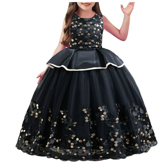 Akiihool Flower Girl Dress Girls Embroidery Flower Lace Long A Line Pageant Dress Princess Tulle Maxi Gown for Wedding Party Birthday(Black,4-5 Years)
