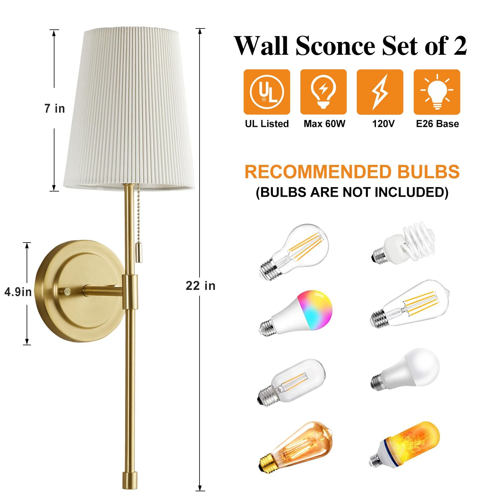 NATYSWAN Wall Sconces Sets of 2, Retro Industrial Wall Lamps with Pull Chain, Bathroom Vanity Sconces Wall Lighting with White Fabric Shade