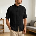 thumbnail image 6 of UVEASISHA Cotton Linen Button Down Shirts for Men Traditional Kung Fu Uniform Short Sleeve Shirt Stand Collar Casual Chinese Frog Buttons Shirts Black L, 6 of 10