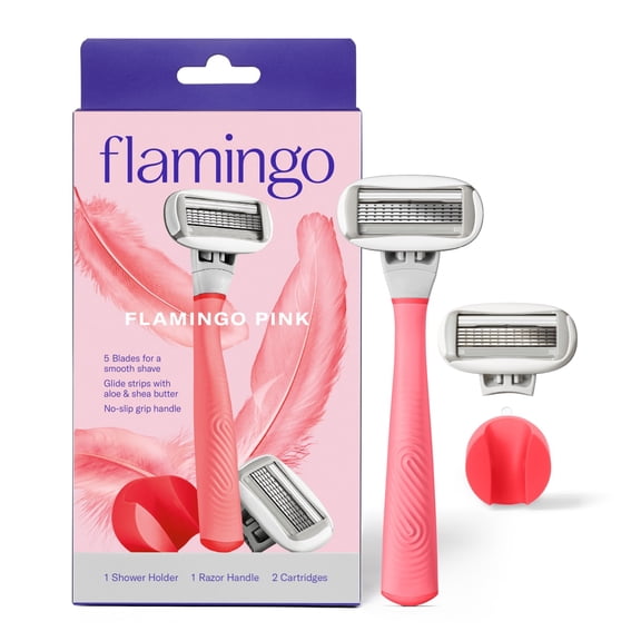 Flamingo Women's Razor Shaving Set with Razor Handle and 5-Blade Razor Cartridges, Pink, 4 Piece