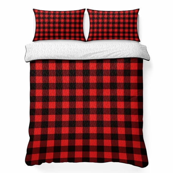 King Quilt Set 96''x106'', Black Red Plaid Lightweight Bedspread Coverlet Set with 2 Pillow Shams, Vintage Rustic Buffalo Checked Gingham Breathable All Season Quilt Bedding for Bedroom/Guest Room
