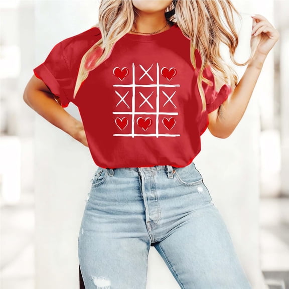 Women's Valentines TShirts Cute Heart Printed Blouses Loose Summer Top Crewneck Short Sleeve Lightweight Cotton Tee Shirt Pullover Tops