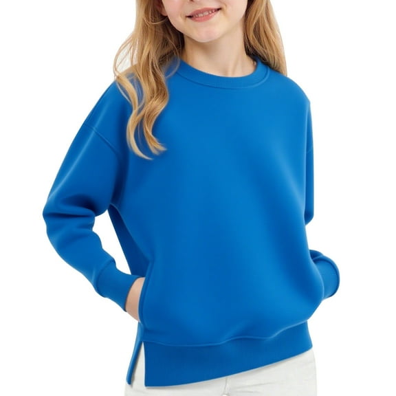 Girls 𝗣reppy Oversized Sweatshirts Plain Long Sleeve Crewneck Pullover Shirts Warm Cute Sweaters with Pockets