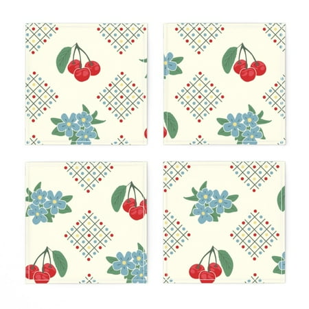 

Linen Cotton Canvas Cocktail Napkins (Set of 4) - 1940S Style Kitchen Cherry Large Print Flowers Retro Floral Vintage Decor Geometric Print Cloth Cocktail Napkins by Spoonflower