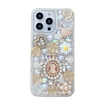 Allytechgroup Phone Case for iPhone 14, 3D Pearls & Flower Love Heart Backplane Luxury Sparkle Girly Elegant Protective Shockproof Anti-drop for Women Girls, Silver